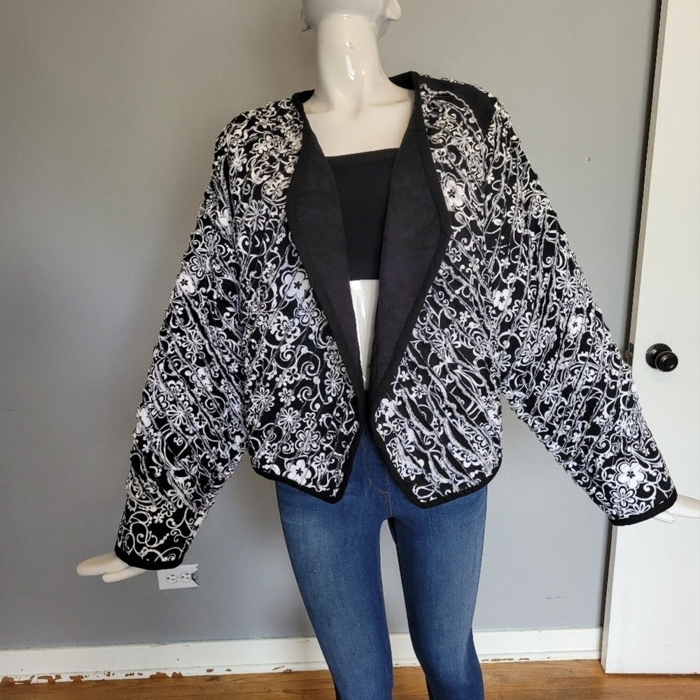 Handmade Quilted Style Blazer in Black & White Floral, VGUC, Approximate Size L